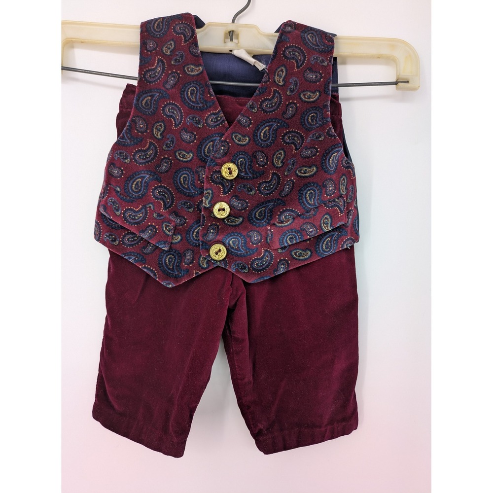 Vintage Vest Pants Set Baby Boys 3-6 Months Burgundy Paisley Corduroy Formal